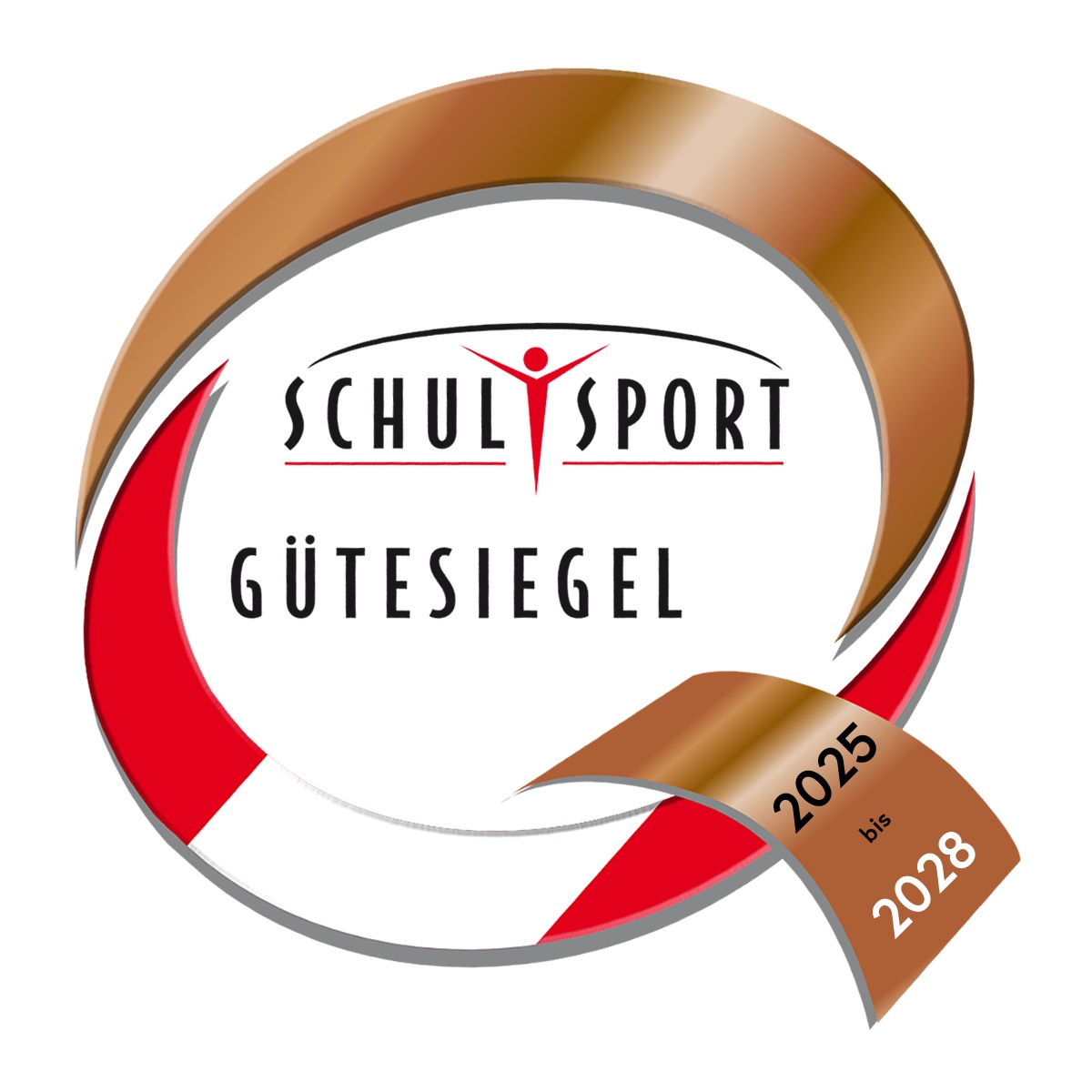 Ein Logo mit kreisförmigem Design und einem bronzenen Band, das die Jahre 2025 bis 2028 zeigt. In der Mitte steht der Text „Schul Sport Gütesiegel“ neben abstrakten roten und grauen Formen.