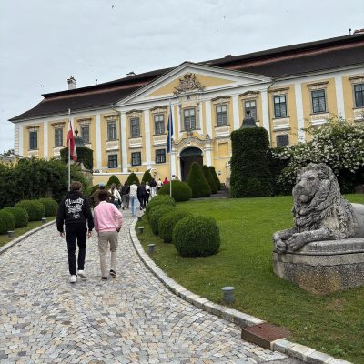 Menschen gehen auf einem Kopfsteinpflasterweg auf ein historisches Gebäude zu, an dem Fahnen und eine steinerne Löwenstatue zu sehen sind.