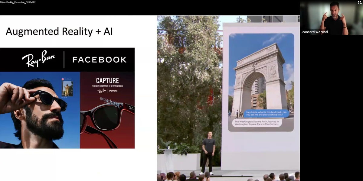 Eine Folie zu Augmented Reality und KI zeigt Ray-Ban- und Facebook-Logos, intelligente Brillen und eine AR-Darstellung des Washington Square Arch. Eine Folie zu Augmented Reality und KI zeigt Ray-Ban- und Facebook-Logos, intelligente Brillen und eine AR-Darstellung des Washington Square Arch.